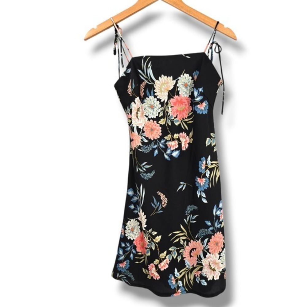 Polly Black‎ Floral Print Mini Dress Spaghetti Strap Sleeveless Summer Party